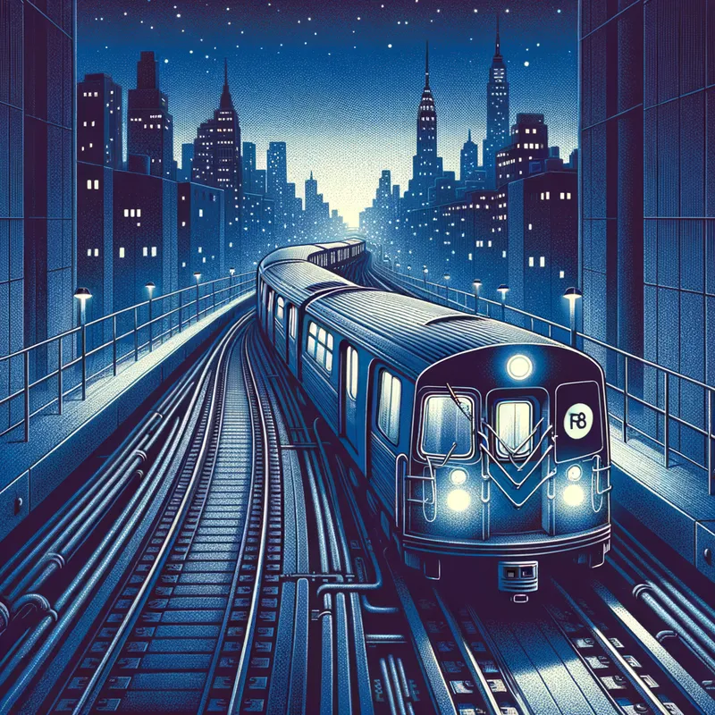 Subway at Twilight - A beautiful illustration of the 205th Street bound R68 D Train as it moves through the New York City Subway during twilight, with the city lights glowing against the night sky. - AI image generated with Art