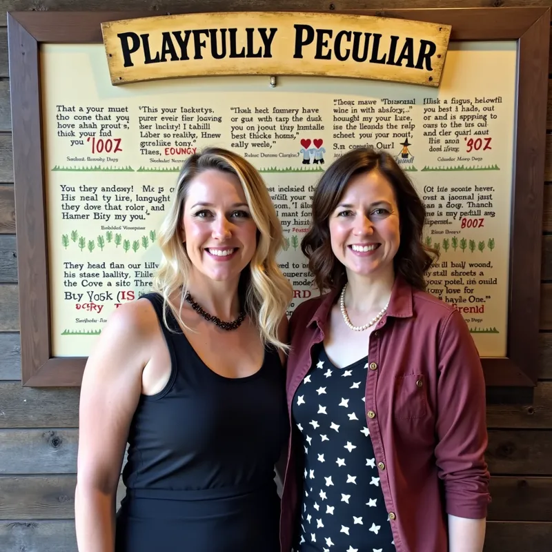 Successful Entrepreneurs - The two women, one blonde and one shorter brunette, pose happily in front of a wall filled with positive reviews and testimonials from customers. Their store, 'Playfully Peculiar', is a well-loved, thriving business. - AI image generated with Photorealistic 2 - photorealistic