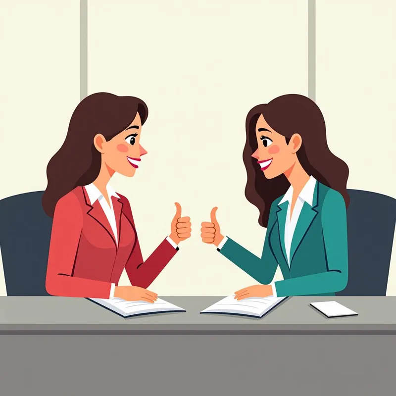 Successful Interview at the Office - Create an image of a successful job interview at a modern office showing a young woman (the job candidate) and a female HR professional in business attire, smiling, seated at a desk across from each other. The HR professional shows thumbs up. Use vivid feminine colors for dresses and the background, cartoon - AI image generated with Photorealistic 2