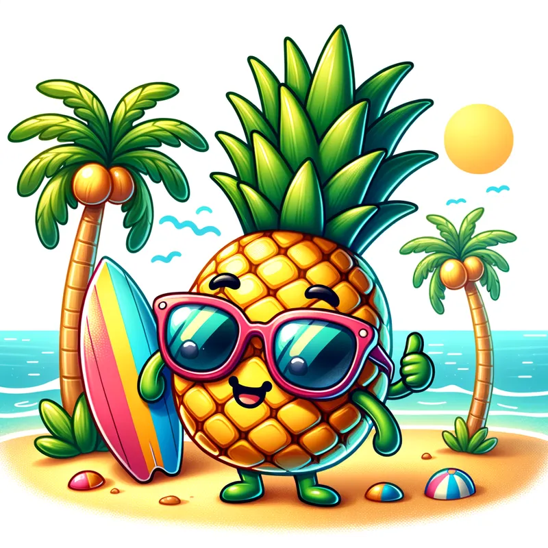 Summer Pineapple Vibes - A fun and happy kawaii pineapple character wearing stylish sunglasses, enjoying a sunny day by the beach with a surfboard and palm trees. - AI image generated with Art - colorful