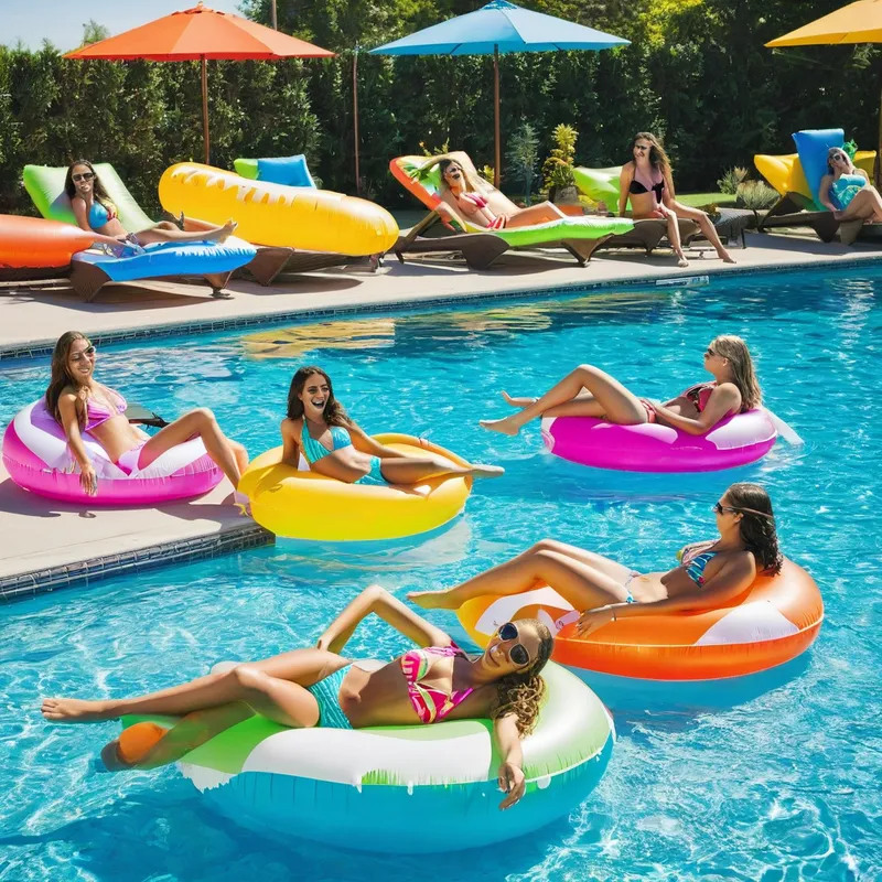 Summer Pool Party - Teens in colorful bikinis enjoying a sunny day at the pool, one is mid-dive into the water while others are lounging on inflatable floats. - AI image generated with Photorealistic