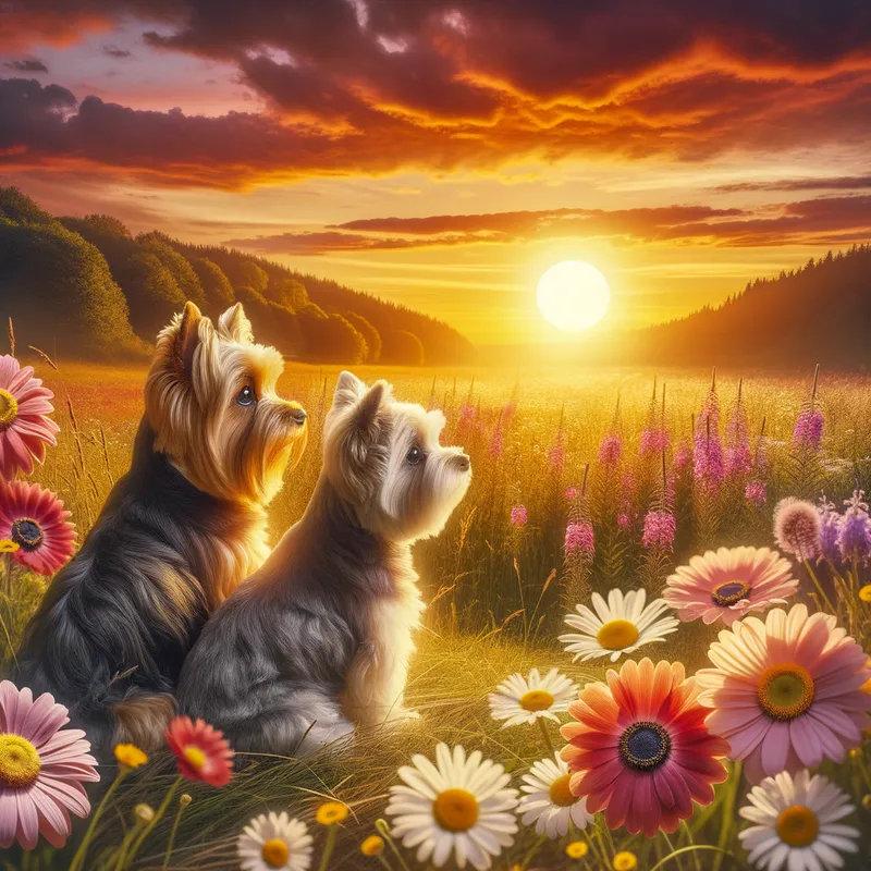 Summer Solstice with Two Yorkies - image summer solice. Add the shapes of two yorkies - AI image generated with Art