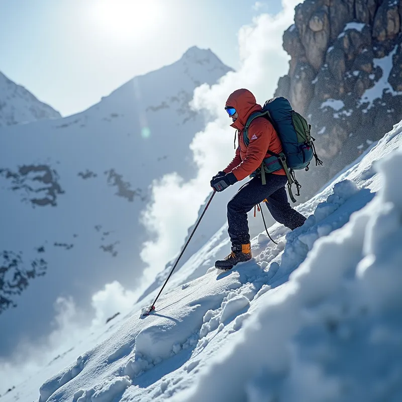 Summit Struggle - A climber struggling against harsh winds and snow, inching closer to the pinnacle of Mount Everest. - AI image generated with Photorealistic 2