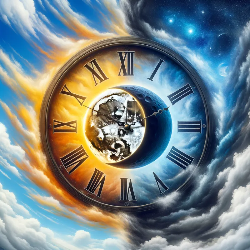 Sun and Moon Clock - A surreal image of a clock where the sun and moon are the hands, moving through a sky that transitions from day to night, representing the passage of time and the eternal rhythm of the cosmos. - AI image generated with Art