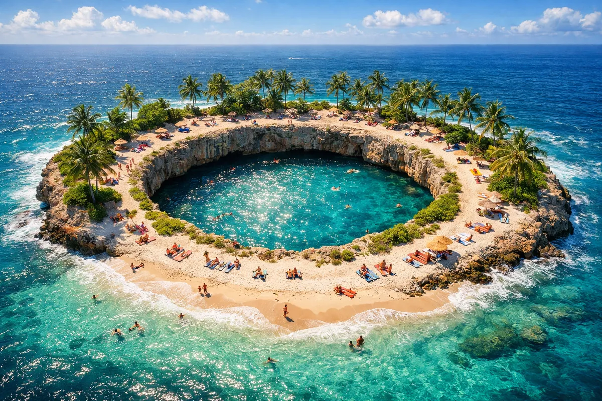 Sunbathers on Circular Island Oasis - A breathtaking beach scene at a round paradise island with a natural hole in the middle, filled with shimmering sea water. Swimmers are laying peacefully along the sun-drenched sands, palm trees dotting the shoreline, and gentle waves surrounding the unique formation. - AI image generated with GPT Image