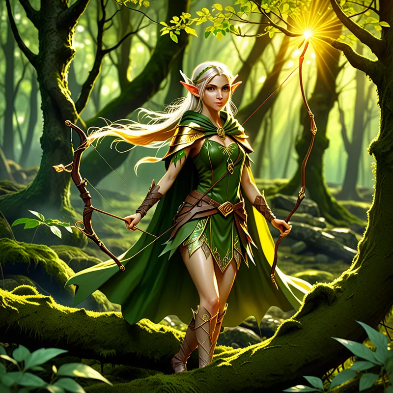 Sunbeam Archer of the Woods - Anime-style forest elf archer in a magical woodland, golden sunbeams filtering through dense leaves, elegant bow glowing with enchanted runes, poised confidently on a moss-covered branch, flowing cape, dynamic fantasy composition, rich green tones, cinematic magical atmosphere, highly detailed character art - AI image generated with Fictional