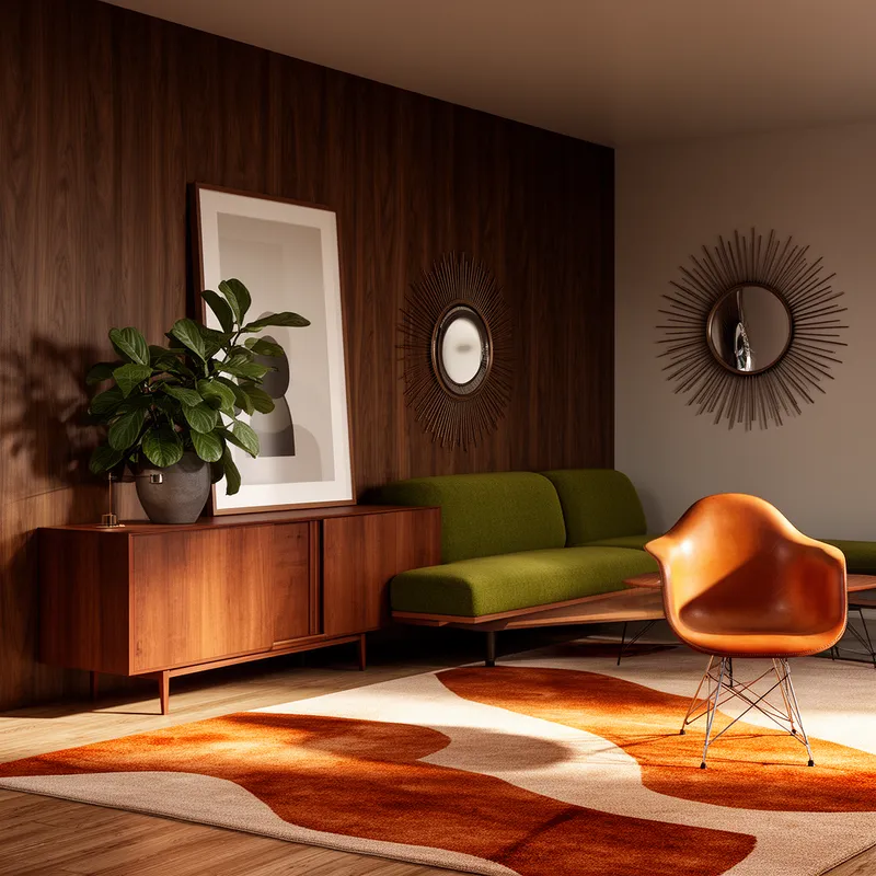 Sunburst Mirror Living Room Mockup - Photorealistic lifestyle home decor mockup of a mid-century modern living room from a slight angle, emphasizing perspective depth and elegant composition, including a walnut wood accent wall, large framed art print, avocado green low sofa, teak credenza with potted fiddle leaf fig, iconic sunburst mirror, caramel leather Eames-style chair, abstract burnt orange and cream rug, and warm directional lighting with gentle shadows, highly detailed 4k render with professional photography realism. - AI image generated with Flux 2
