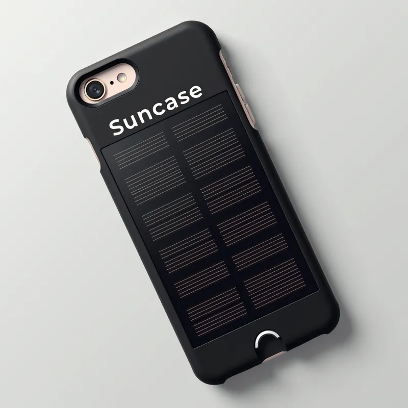 Suncase Solar Power - A sleek, modern phone case powered by solar panels, with 'Suncase' written on the back in elegant, futuristic lettering. - AI image generated with Photorealistic 2