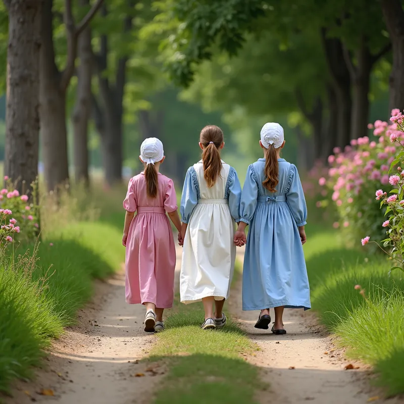 Sunday Best - Amish girls in their Sunday best dresses, walking to church along a dirt path lined with blooming flowers and tall trees, capturing the essence of a peaceful, close-knit community. - AI image generated with Photorealistic 2