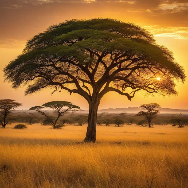 Sundown Serenity - A majestic acacia tree dominates the forefront as the savannah is bathed in the warm, golden hues of sunset. - AI image generated with Photorealistic