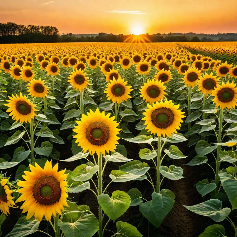 Sunflower Field at Sunrise - A picturesque view of a vast sunflower field as the sun rises, casting a golden hue over the field and highlighting the vibrant yellow sunflowers. - AI image generated with Photorealistic