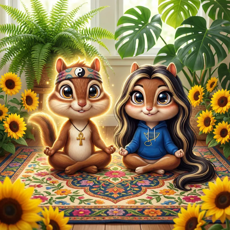 Sunflower Serenity: Chipmunk Couple - A whimsical chipmunk couple, both big-eyed and bubbly, meditates together atop a gorgeous Indian rug. The space is decorated with exotic, leafy tropical plants and abundant sunflowers. The male wears a headband featuring a yin-yang symbol and a necklace with an ankh, radiating a soft, glowing aura. His wife has luxurious dark hair with blonde streaks and rocks a cool St. Louis Blues hoodie. - AI image generated with 4K Pro - vivid colors, highlights: Nikon D700, Nikkor 50mm 1.8, cartoony