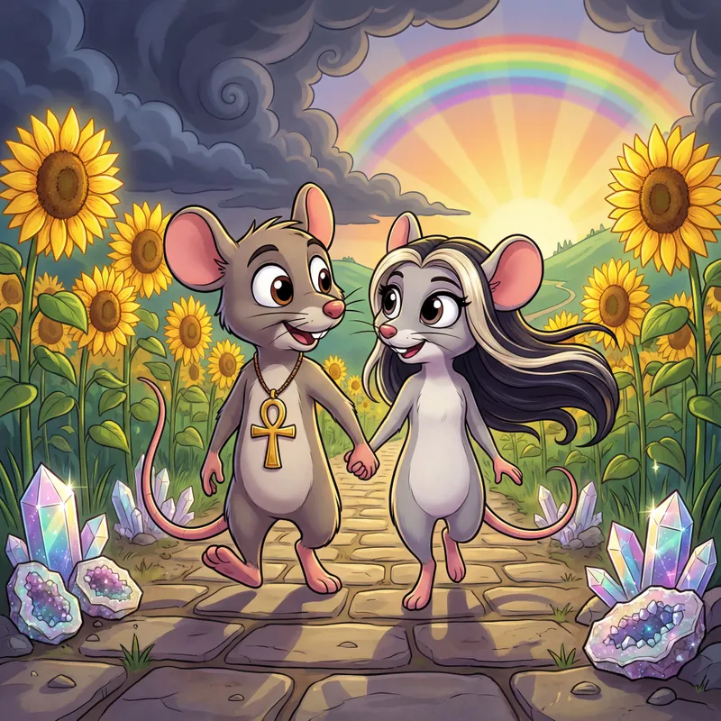 Sunflowers and Sunlight: Mice in Love - Cartoon-style, big-eyed male and female mice – the male with a prominent ankh necklace, the female with long, dark hair and platinum blonde highlights – walk hand-in-hand along a stone walkway. The sides are filled with sunflowers glowing in sunlight, and sparkling crystal formations dot the ground. In the background, a thunderstorm retreats as golden sunlight fills the sky, symbolizing happiness and togetherness. - AI image generated with 4K Pro - vivid colors, cartoony, Luis Royo