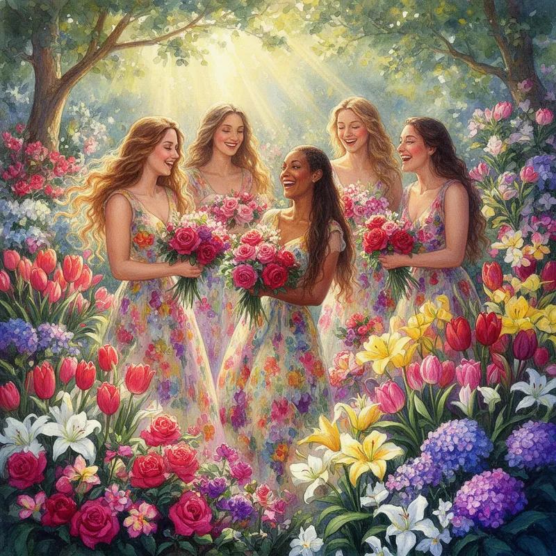 Sunlit Bouquet Garden - A lush, radiant garden painted in vivid oils, showing a group of diverse women in graceful floral dresses, joyfully gathering flowers and sharing laughter. Include long flowing hair, warm expressions, and bouquets of roses, tulips, lilies, and hydrangeas in saturated reds, pinks, purples, yellows, and whites. Use glowing sunlight and soft beams filtering through the trees to illuminate the scene. Emphasize thick painterly textures and lively brushstrokes for a dreamy, abundant paradise garden. - AI image generated with Flux 2 - watercolor