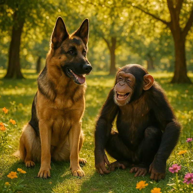 Sunlit Companions: Dog and Chimp - Envision a photorealistic scene set in a lush, sun-dappled park during late afternoon. The warm golden light filters through the leaves, casting playful shadows on the soft grass. In the center of this idyllic setting, a German Shepherd sits attentively, fur gleaming with the sunlight, its intelligent eyes focused on a curious chimpanzee beside it. The chimp, wearing a light, whimsical expression, leans slightly forward, seemingly giggling at a shared joke, their camaraderie evident. Surrounding them are vibrant flowers in bloom, adding bursts of color to the scene, while a gentle breeze carries  - AI image generated with GPT Image Pro