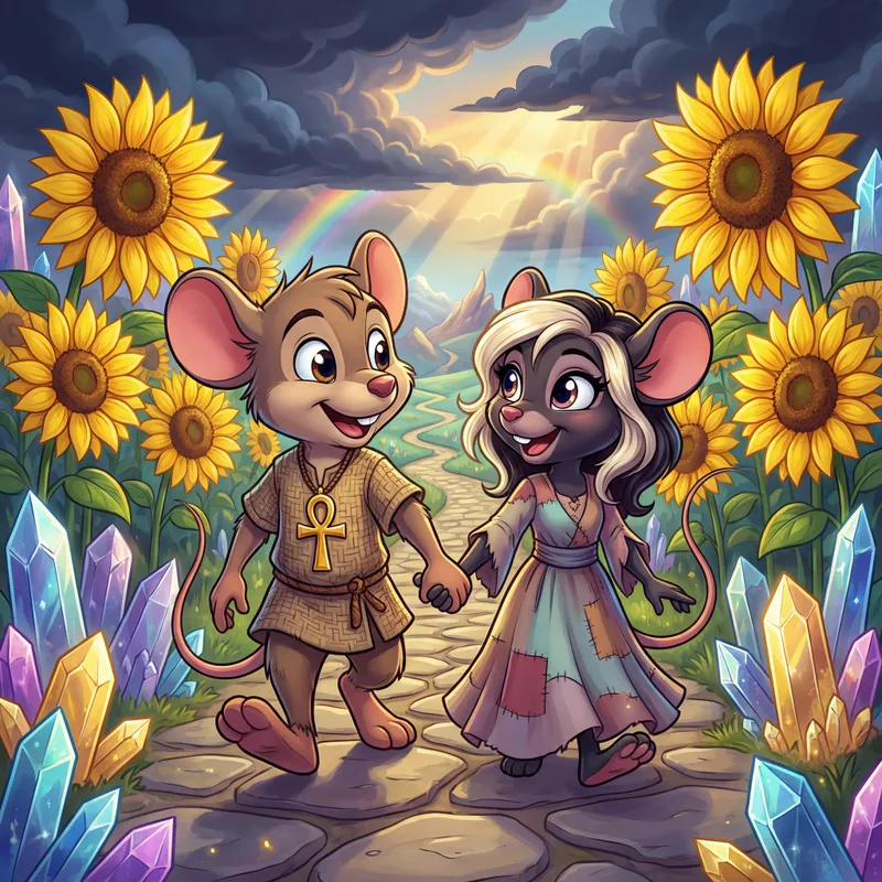 Sunlit Crystal Walkway - Two cartoonish mice with large, expressive eyes – a male with an ankh necklace and a female with dark hair and platinum blonde highlights – walk together, hands clasped, down a stone path adorned with brilliant sunflowers. Around them, magnificent crystal clusters shimmer in the golden sunlight, with a receding thunderstorm in the sky, capturing their happiness and love. - AI image generated with 4K Pro - vivid colors, cartoony, Luis Royo
