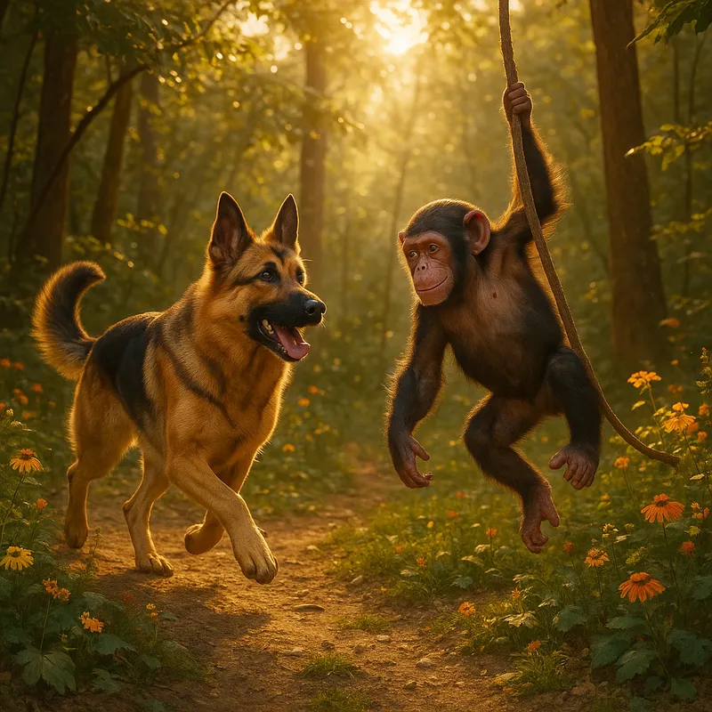 Sunlit Forest: Shepherd and Chimp - Envision a photorealistic scene. The warm golden light filters through the leaves, casting playful shadows on the rough forest terrain. In the center of this idyllic setting, a German Shepherd runs with glee, fur gleaming with the sunlight, its intelligent eyes focused on a curious chimpanzee beside swinging from a vine The chimp, wearing a light, whimsical expression, leans slightly forward, their camaraderie evident. Surrounding them are vibrant flowers in bloom, adding bursts of color to the scene, while a gentle breeze carries - AI image generated with GPT Image Pro