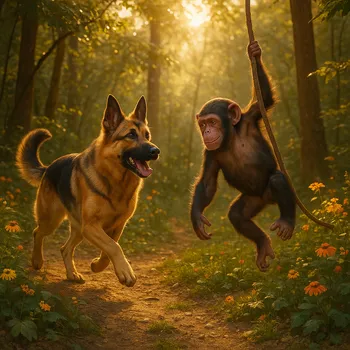 Sunlit Forest: Shepherd and Chimp