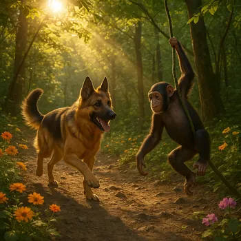 Sunlit Forest: Shepherd and Chimp