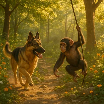 Sunlit Forest: Shepherd and Chimp