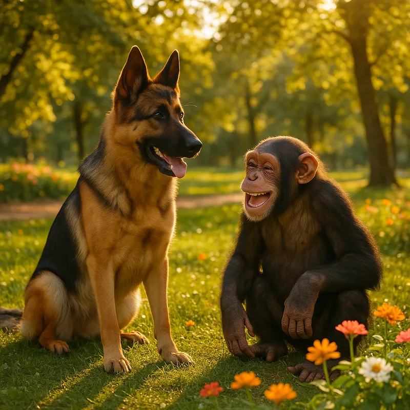 Sunlit German Shepherd and Chimp - Envision a photorealistic scene set in a lush, sun-dappled park during late afternoon. The warm golden light filters through the leaves, casting playful shadows on the soft grass. In the center of this idyllic setting, a German Shepherd sits attentively, fur gleaming with the sunlight, its intelligent eyes focused on a curious chimpanzee beside it. The chimp, wearing a light, whimsical expression, leans slightly forward, seemingly giggling at a shared joke, their camaraderie evident. Surrounding them are vibrant flowers in bloom, adding bursts of color to the scene, while a gentle breeze carries - AI image generated with GPT Image Pro