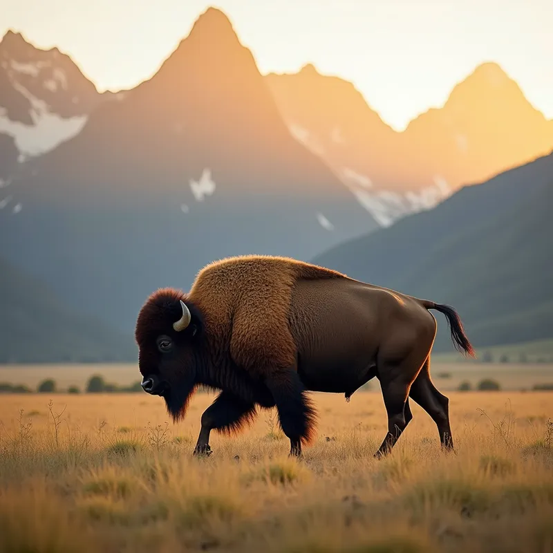 Sunlit Journey - A majestic bison walking peacefully across a grassy field, with golden sunlit mountains towering in the background. - AI image generated with Photorealistic 2