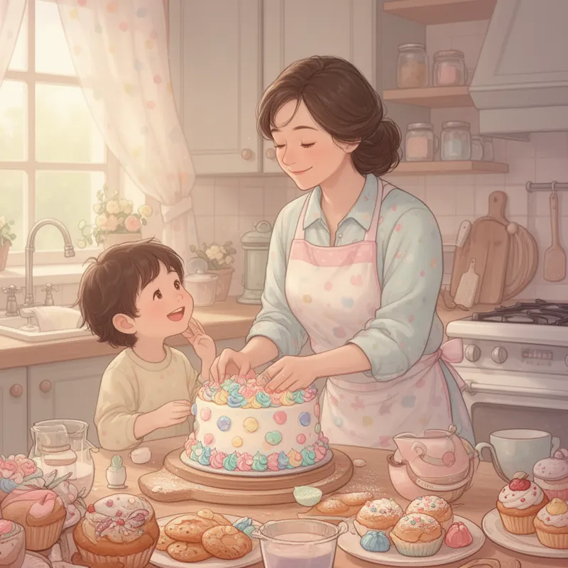 Sunlit Kitchen Love - A heartwarming illustration of a mother with a gentle smile, wearing a pastel apron, standing in a sunlit cozy kitchen filled with the feeling of freshly baked treats. She lovingly decorates a cake with colorful frosting while her child watches with admiration and joy. Soft pastel palette, warm natural light through the window, inviting atmosphere, wholesome family moment, detailed kitchen setting, charming and emotional. - AI image generated with Flux 2