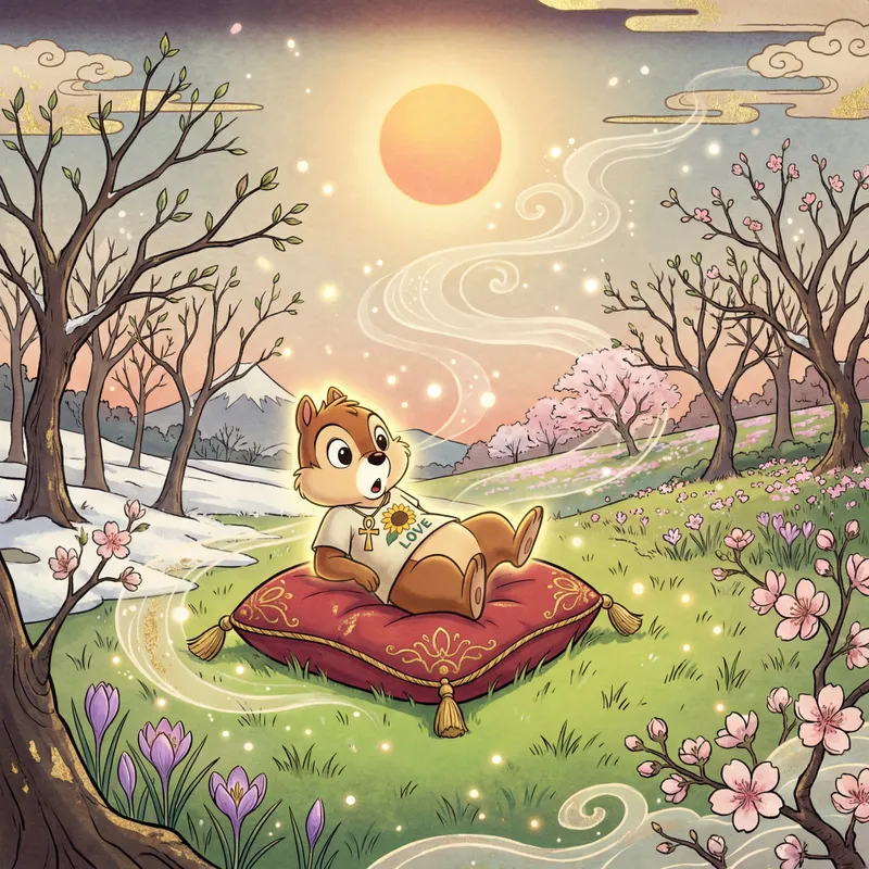 Sunlit Mindfulness Retreat - A beautifully animated chipmunk with huge, sparkling eyes relaxes on a soft, oversized red pillow with golden fringe, set in a vivid patch of green grass as winter turns to spring. Trees ring the area, their branches ready to burst into leaf, and the ground is dotted with new flowers. The chipmunk, glowing with an otherworldly aura, wears an ankh necklace and a 'love' t-shirt with a bright sunflower emblem. Under the warm, cheerful sun, the magical atmosphere is filled with peace, mindfulness, and the anticipation of new life. - AI image generated with 4K Pro - vivid colors, cartoony, ukiyo-e