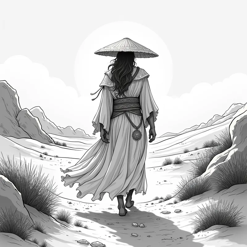 Sunlit Nomad - A mystical character who wanders sun-drenched landscapes in a fantasy world. His attire includes an ethereal, flowing robe of light silk, adorned with shimmering runes, and a headpiece designed to provide shade without retaining heat. - AI image generated with Photorealistic 2 - contour drawings, doodle