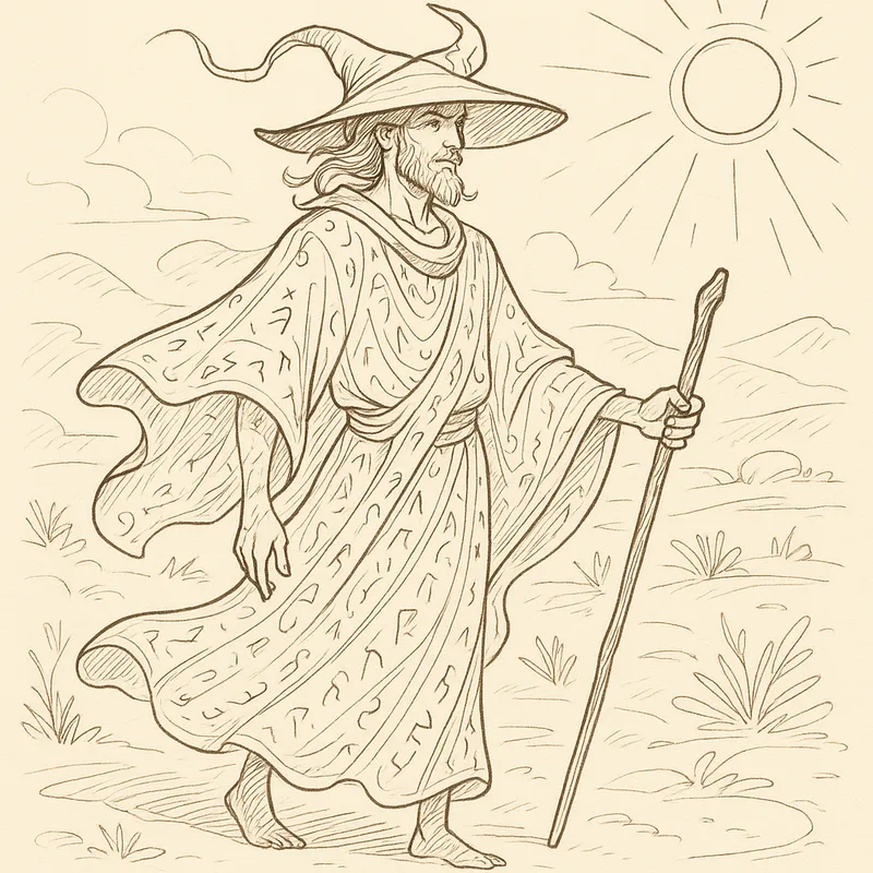 Sunlit Nomad - A mystical character who wanders sun-drenched landscapes in a fantasy world. His attire includes an ethereal, flowing robe of light silk, adorned with shimmering runes, and a headpiece designed to provide shade without retaining heat. - AI image generated with GPT Image - contour drawings, doodle