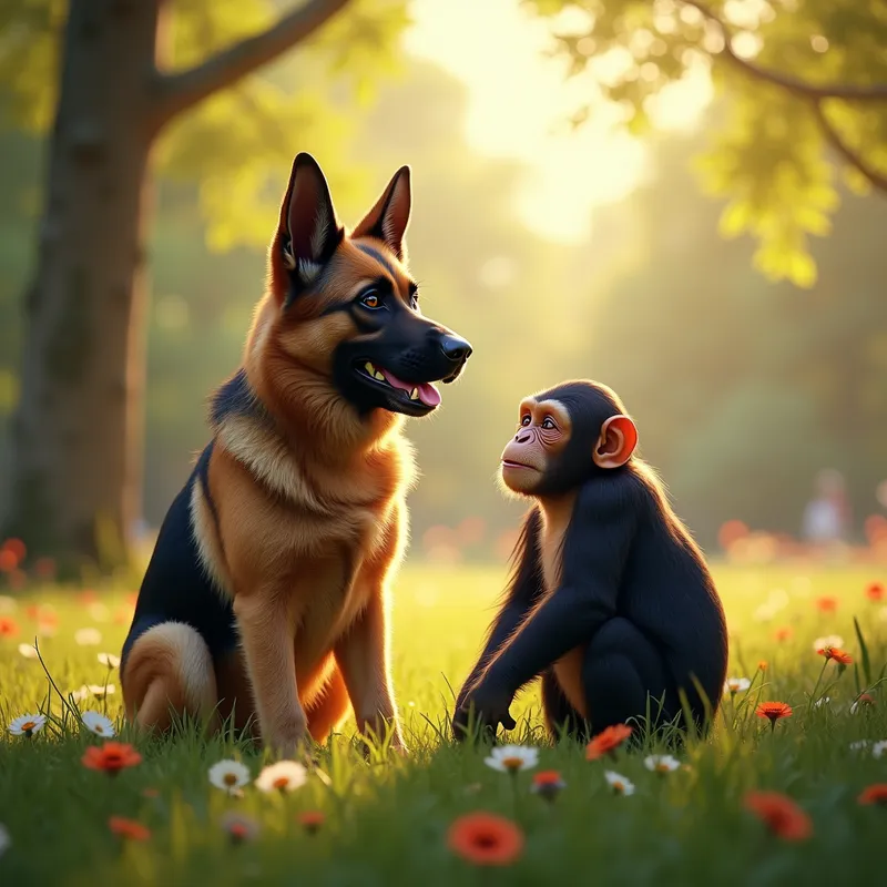 Sunlit Park: German Shepherd & Chimp - Envision a photorealistic scene set in a lush, sun-dappled park during late afternoon. The warm golden light filters through the leaves, casting playful shadows on the soft grass. In the center of this idyllic setting, a German Shepherd sits attentively, fur gleaming with the sunlight, its intelligent eyes focused on a curious chimpanzee beside it. The chimp, wearing a light, whimsical expression, leans slightly forward, seemingly giggling at a shared joke, their camaraderie evident. Surrounding them are vibrant flowers in bloom, adding bursts of color to the scene, while a gentle breeze carries - AI image generated with Photorealistic 2