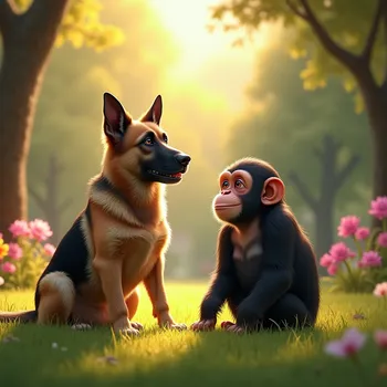 Sunlit Park: German Shepherd & Chimp