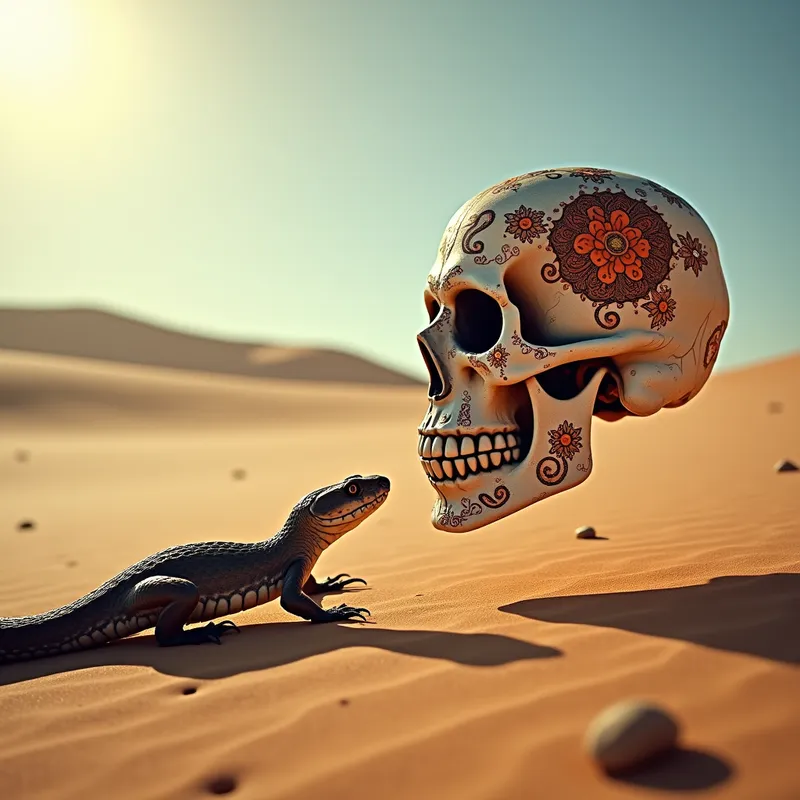 Sunlit Serpent - Set in a desolate, sunlit desert, a rattlesnake crawls towards a levitating, ornately decorated skull from the Day of the Dead festival. The intense sunlight casts dramatic shadows, highlighting the intricate designs on the skull. - AI image generated with Photorealistic 2