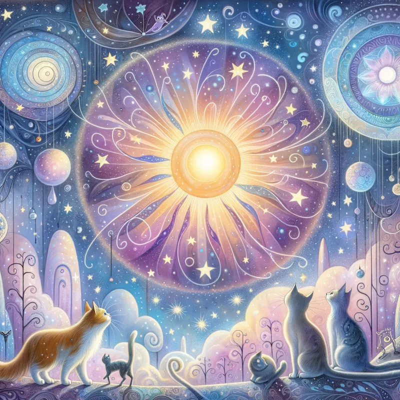 Sunlit Star Cats - A whimsical scene with a splendid sun shining in the middle, surrounded by a galaxy of twinkling stars and curious cats exploring the ethereal atmosphere. - AI image generated with Art