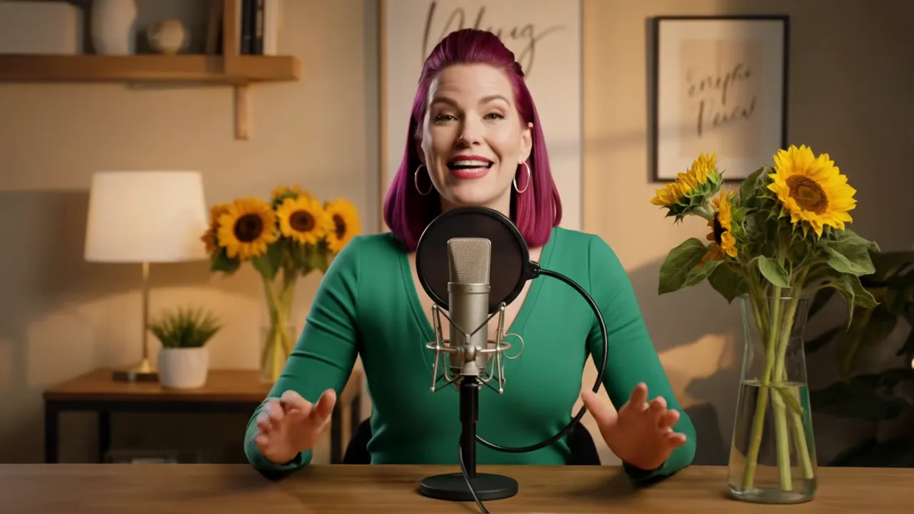 Sunlit Studio: Podcast Pro Tips - A cozy podcast studio bathed in warm tones. Sunflowers brighten the space. The host—a woman with striking fuchsia hair and a green shirt—faces the camera. Her mic is set just right, her tone confident but inviting.
She looks straight into the lens, delivering the final line with purpose and charm:
“That’s how you create videos with Tangra AI Video Generator.”
No subtitles. Just her voice, her gaze, and a smooth fade-out.
- AI video generated with Veo 3