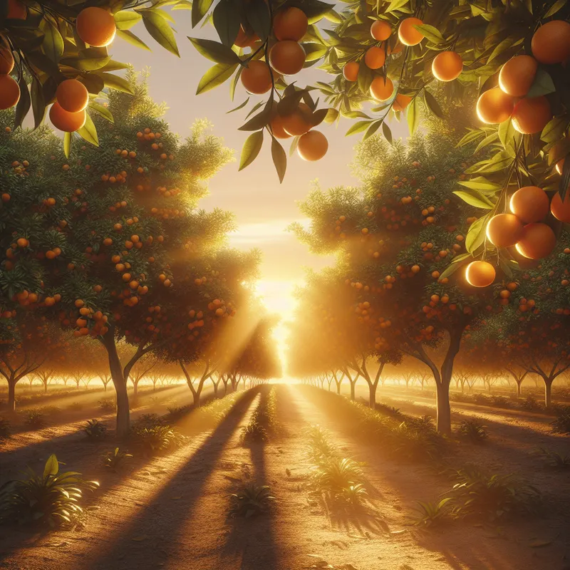 Sunlit Tangerine Grove - A photorealistic depiction of a tangerine grove in the golden light of sunset, with ripe tangerines hanging from the trees, casting long shadows on the ground. - AI image generated with DALL-E 3