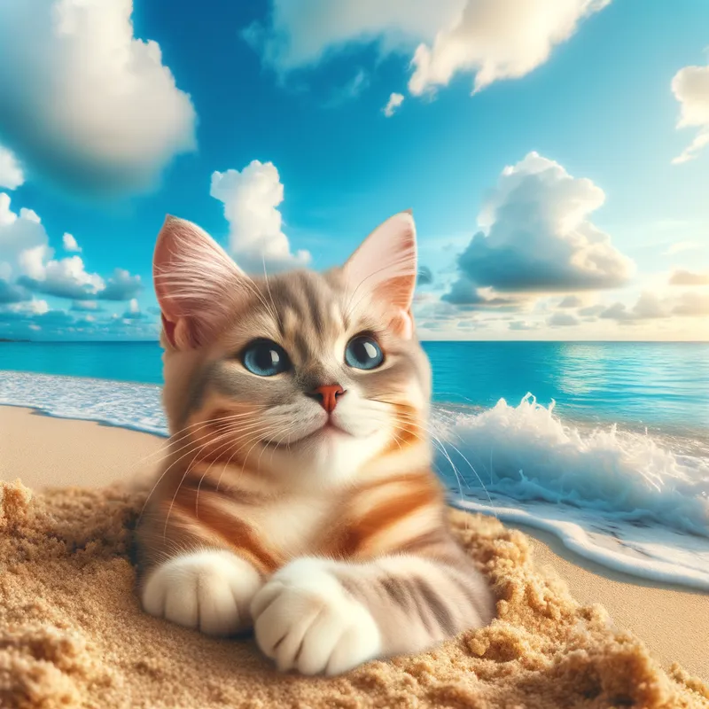 Sunny Cat - A playful cat lounging on a sandy beach, with a bright blue sky and gentle waves in the background. - AI image generated with Art