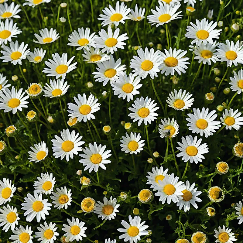 Sunny Daisy Field - A vibrant, sunlit field filled with blooming white and yellow daisies under a clear blue sky. - AI image generated with Photorealistic