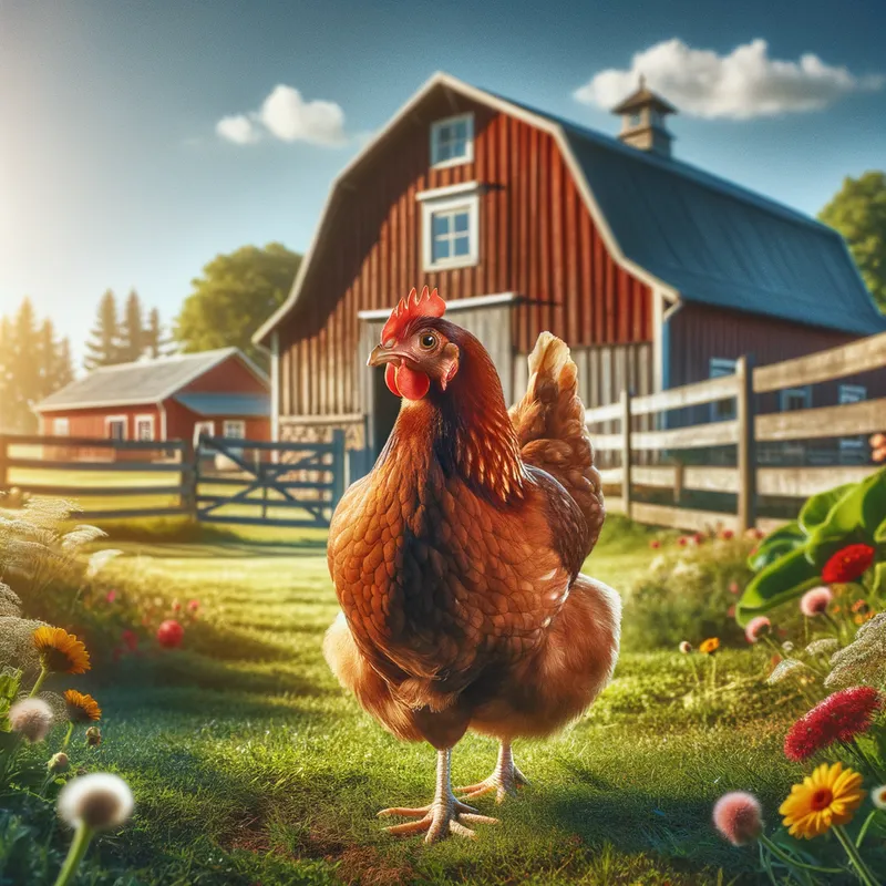 Sunny Farm Chicken - A lively, plump chicken with glossy feathers standing in the middle of a sunlit farmyard. The backdrop features a traditional red barn, a wooden fence, and a lush green field dotted with colorful wildflowers. The sky is clear and blue, with a few white clouds drifting peacefully. - AI image generated with Art