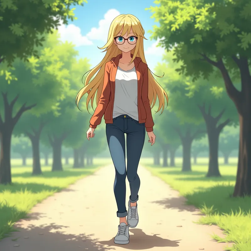 Sunny Park Walk - An anime-style blonde woman with blue eyes and glasses, wearing casual clothes, walking in a sunlit park. She has a slender physique and a bright, cheerful expression. - AI image generated with Photorealistic 2