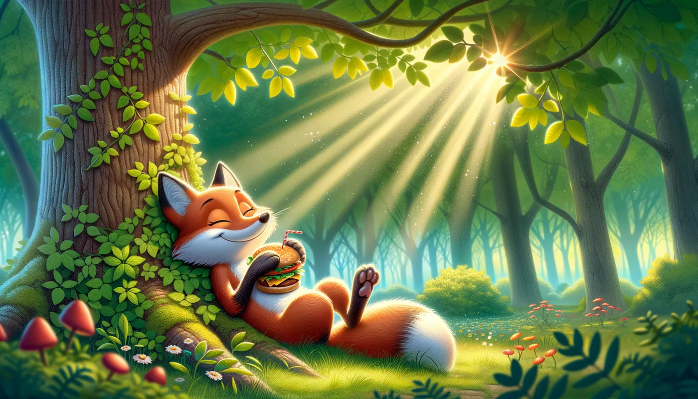 Sunny Picnic Paws - A playful fox sitting comfortably against a tree trunk, enjoying a delicious chicken burger, with soft dappled sunlight creating a warm ambiance in a tranquil park landscape. - AI image generated with Art - vivid colors, cartoony, master shot