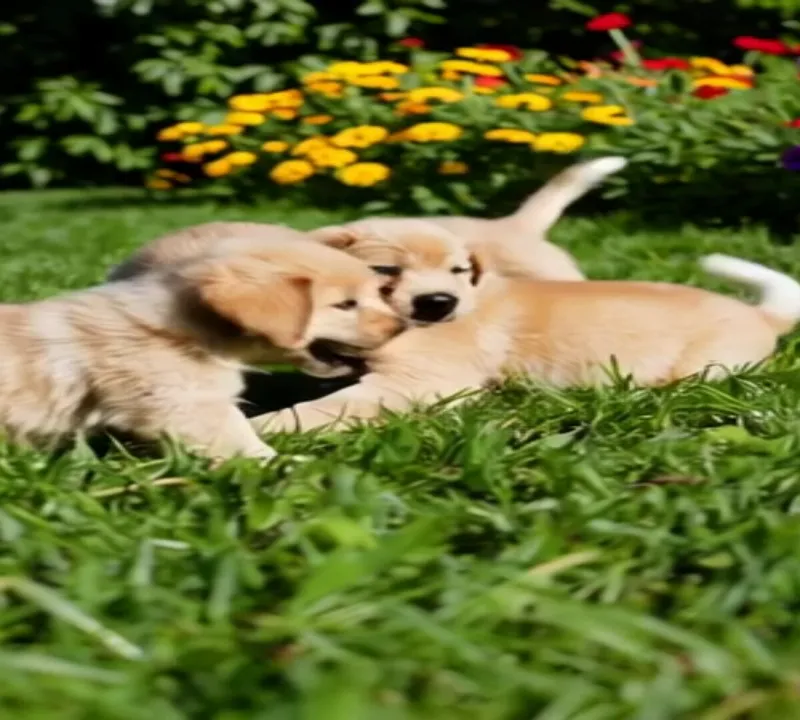 Sunny Playdate - Cute puppies rolling and tumbling on a vibrant grassy area, with flowers blooming around them and a gentle breeze rustling the leaves.