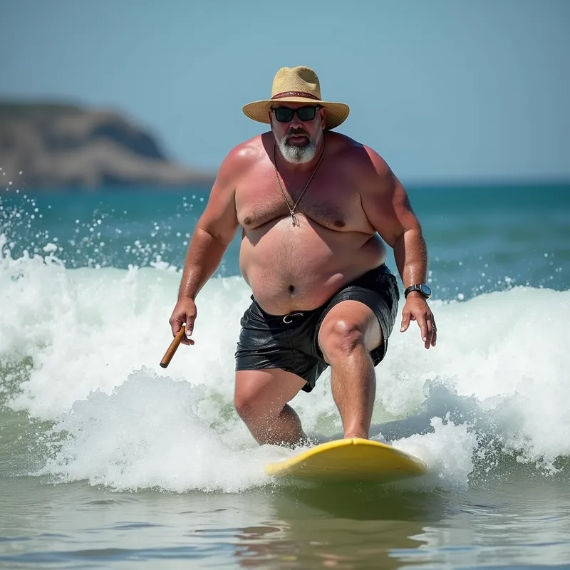 Sunny Surf Ride - Heavyset man at the beach, outfitted with a hat and sunglasses, smoking a cigar as he surfs a wave. - AI image generated with Photorealistic 2