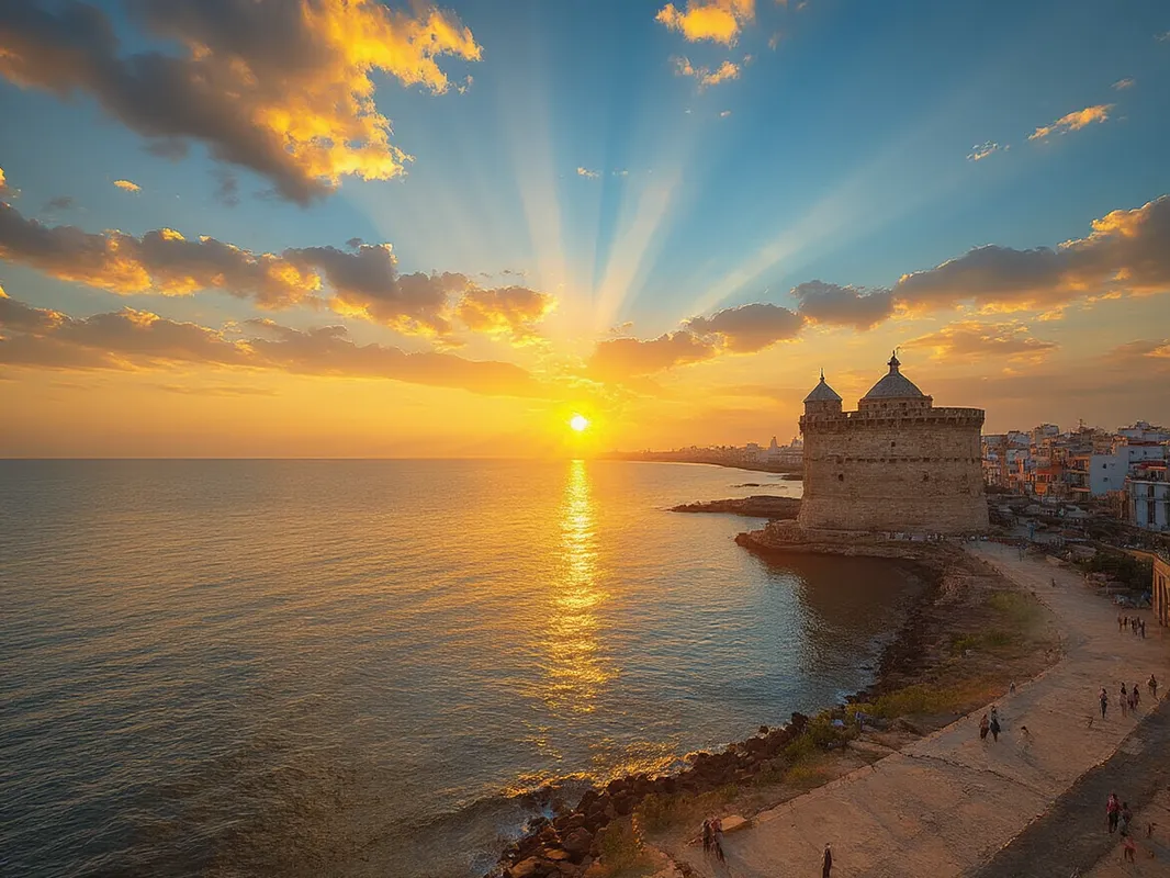 Sunrise Over Veracruz Harbor - A breathtaking sunrise over Veracruz Harbor, with the warm golden rays of the sun illuminating the sky, reflecting off the calm ocean waters, and casting a glow on the nearby Castillo de San Juan de Ulúa. - AI image generated with HiDream Full - picture of the day, photorealistic, stained glass image