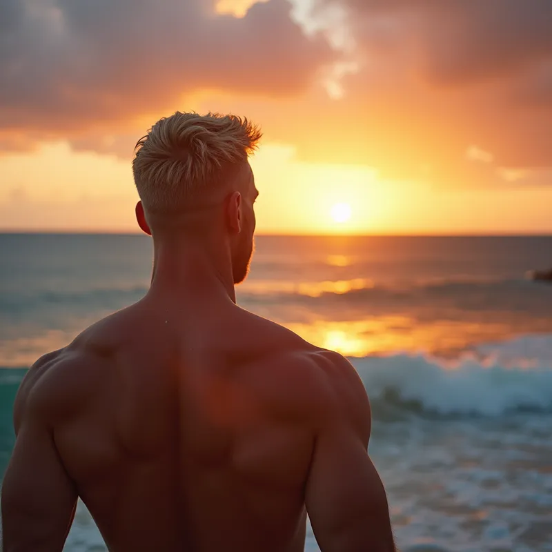 Sunrise Seduction by the Atlantic - A beautiful morning sunrise over the Atlantic Ocean, the sky is bright with a might of yellows, reds, and orange colors all mixing together over the blue water of the magnificent Atlantic Ocean, a blonde man Athletic build facing the oceans watching this amazing sunrise,  with words written on this picture in Meme form that says " Good morning Sexy Join me for the second most beautiful view"  - AI image generated with Flux - highlights: Nikon D700, Nikkor 50mm 1.8