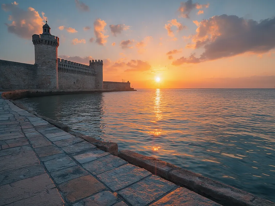 Sunrise Serenity at Veracruz - A serene sunrise at Veracruz Harbor, capturing the first light of day spreading across the horizon. The Castillo de San Juan de Ulúa is bathed in the gentle morning glow, highlighting its historic presence by the water. - AI image generated with HiDream Full - picture of the day, photorealistic, stained glass image