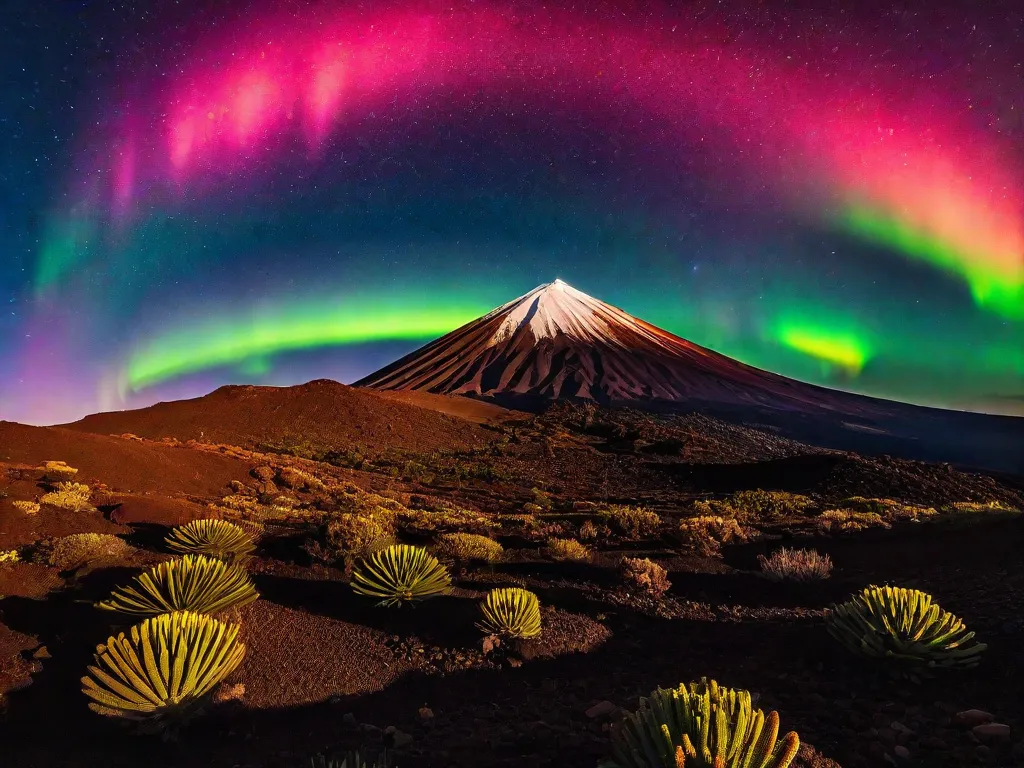 Sunrise at Teide with Northern Lights - A stunning sunrise at Teide, Tenerife, with vibrant, colorful Northern Lights illuminating the sky. - AI image generated with Photorealistic