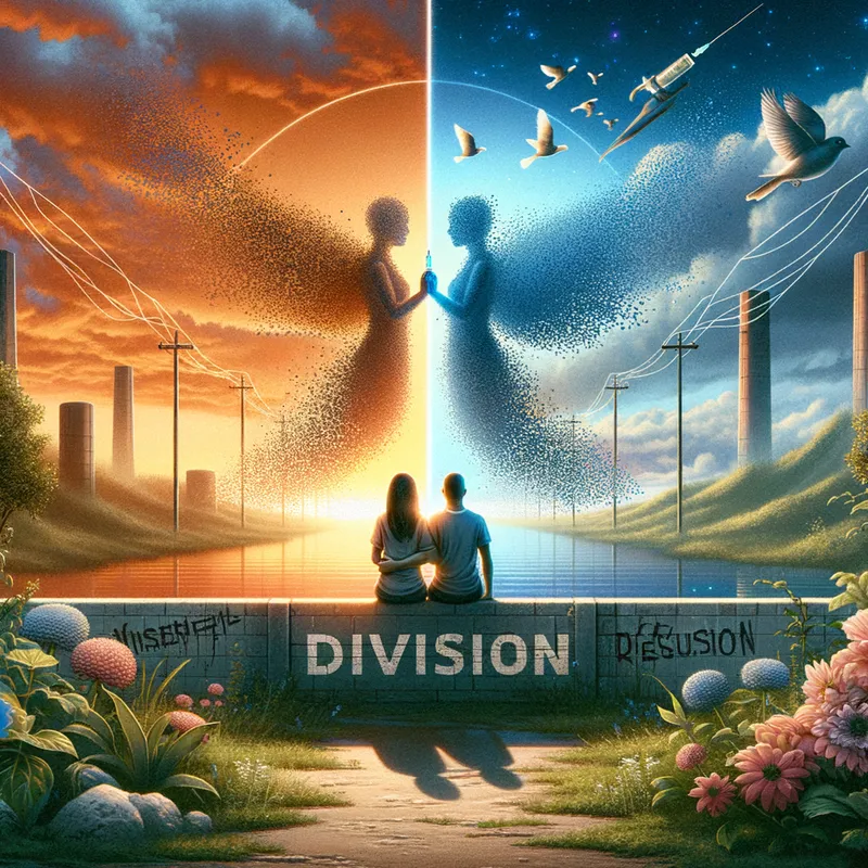 Sunrise of Unity - A scene of two individuals, one representing the vaccinated, the other the unvaccinated, coming together in an embrace over a wall marked 'division.' The background shows a peaceful sunrise symbolizing hope and healing. The sky is adorned with subtle digital elements like broken 5G symbols dissolving, referencing misinformation, while the presence of flowers and birds indicates truth, freedom, and reconnection. The atmosphere merges futuristic spiritual awakening with foundational human connection. - AI image generated with Art