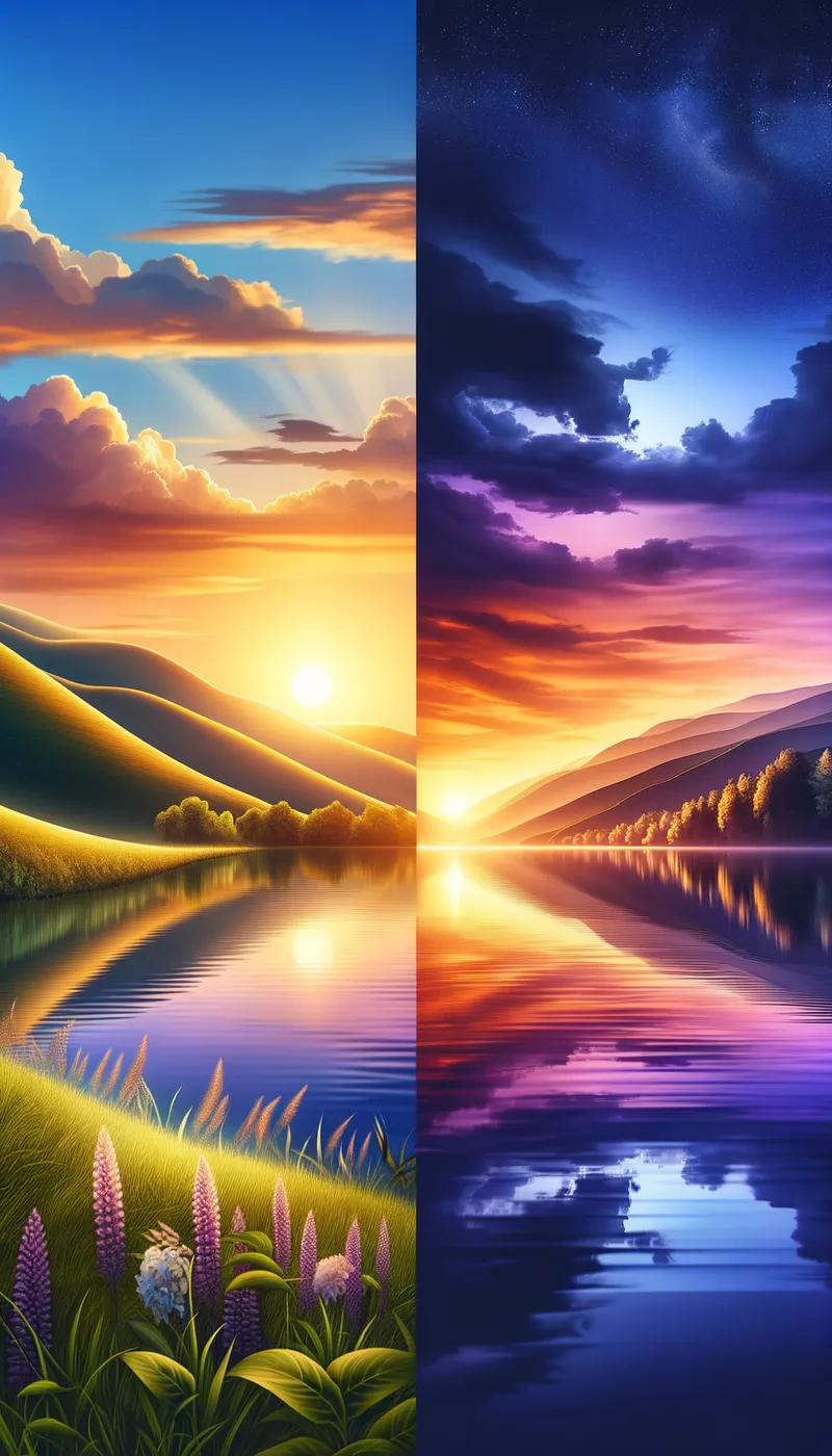 Sunrise or Sunset - A picturesque scene where the left side showcases a brilliant sunrise over rolling hills, while the right side depicts a calming sunset over a placid lake. - AI image generated with Art