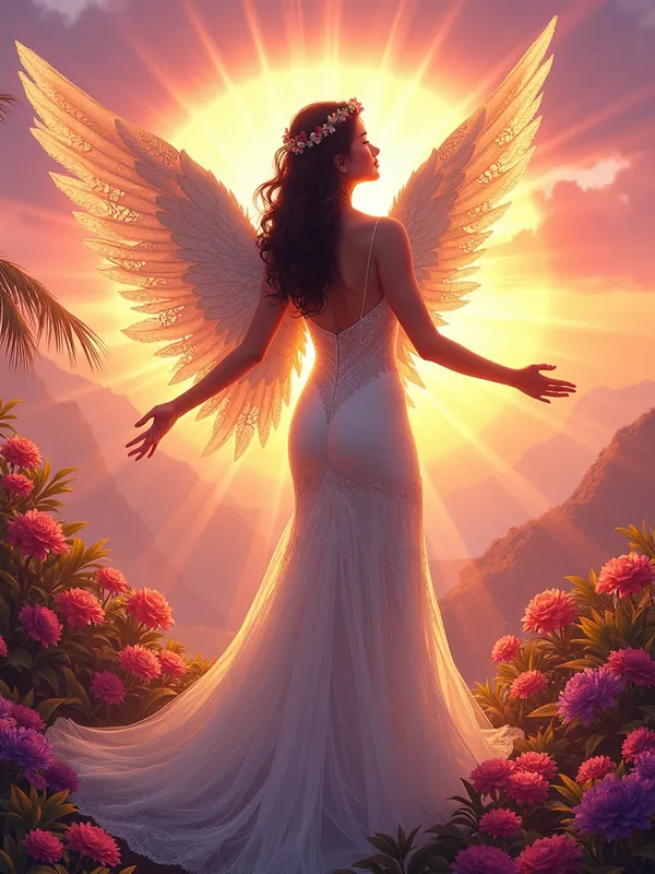 Sunset Angel - An angel inspired by Filipino culture, surrounded by a halo of luminescent light and colorful flowers. Her delicate wings feature intricate patterns from traditional Filipino textiles. The background is a magnificent sunset with colors blending pink, orange, and purple. - AI image generated with Photorealistic 2